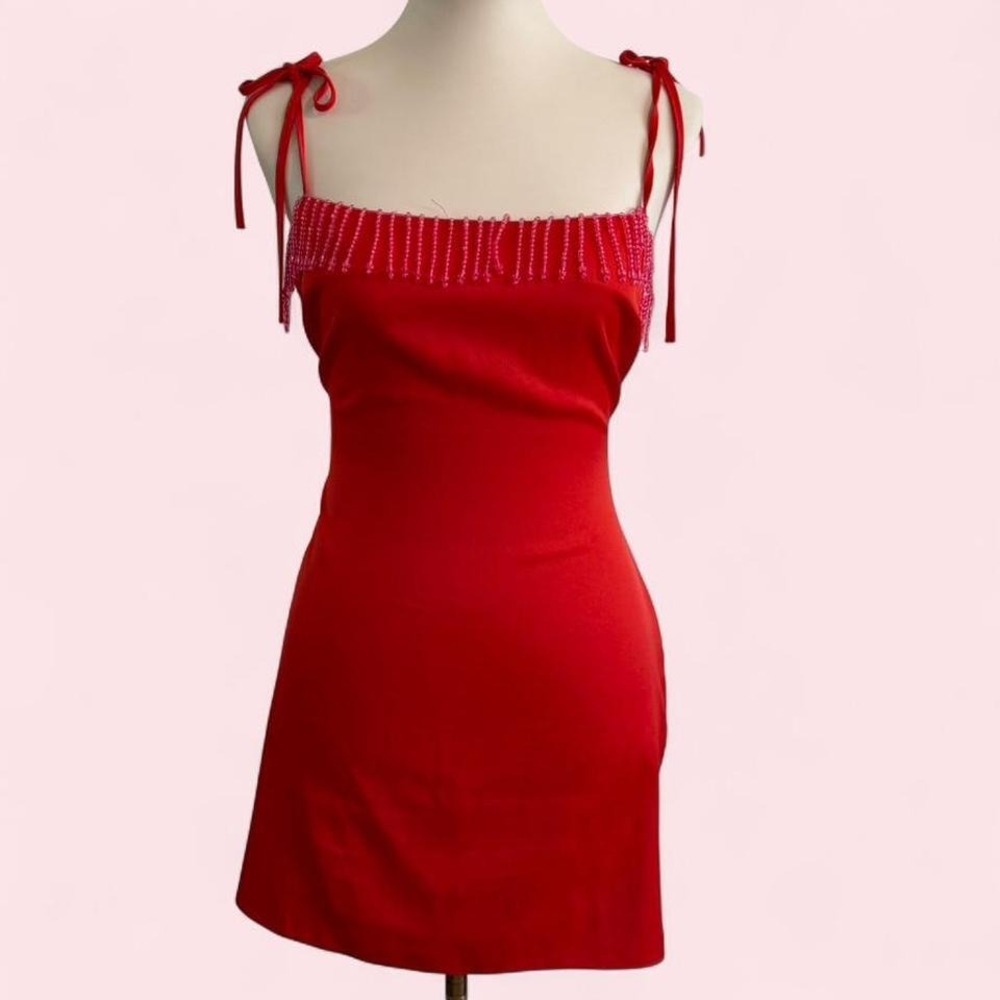 Red Mini Dress with Pink Crystal Beaded Neckline & Tie Straps